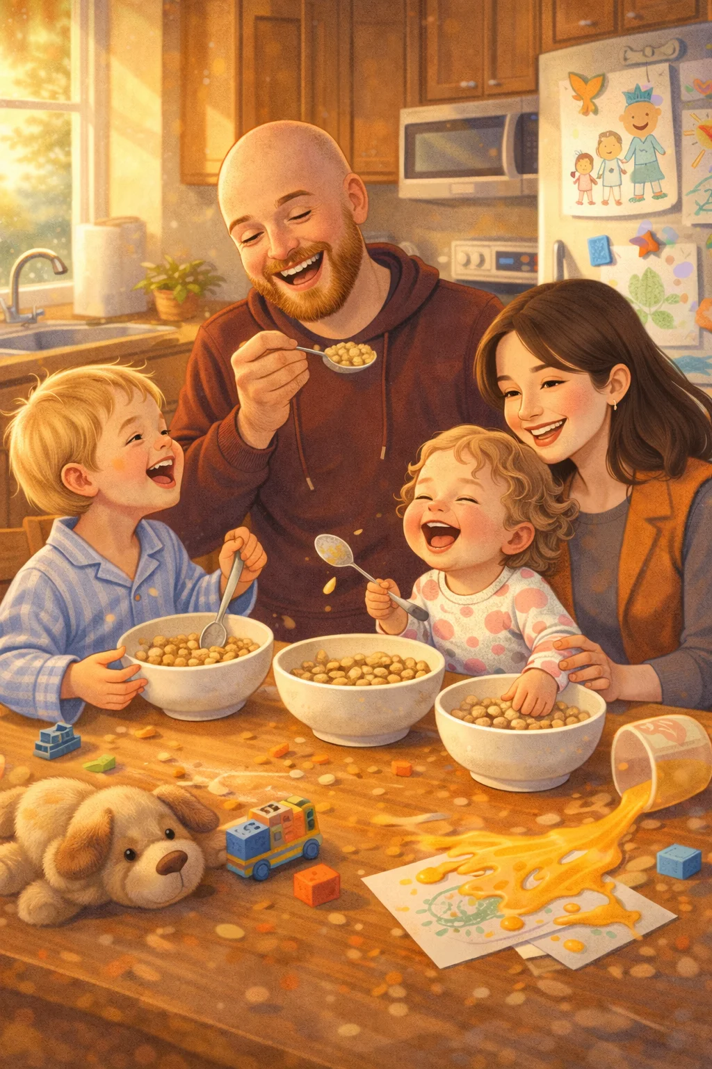 Illustrated family morning scene with breakfast chaos