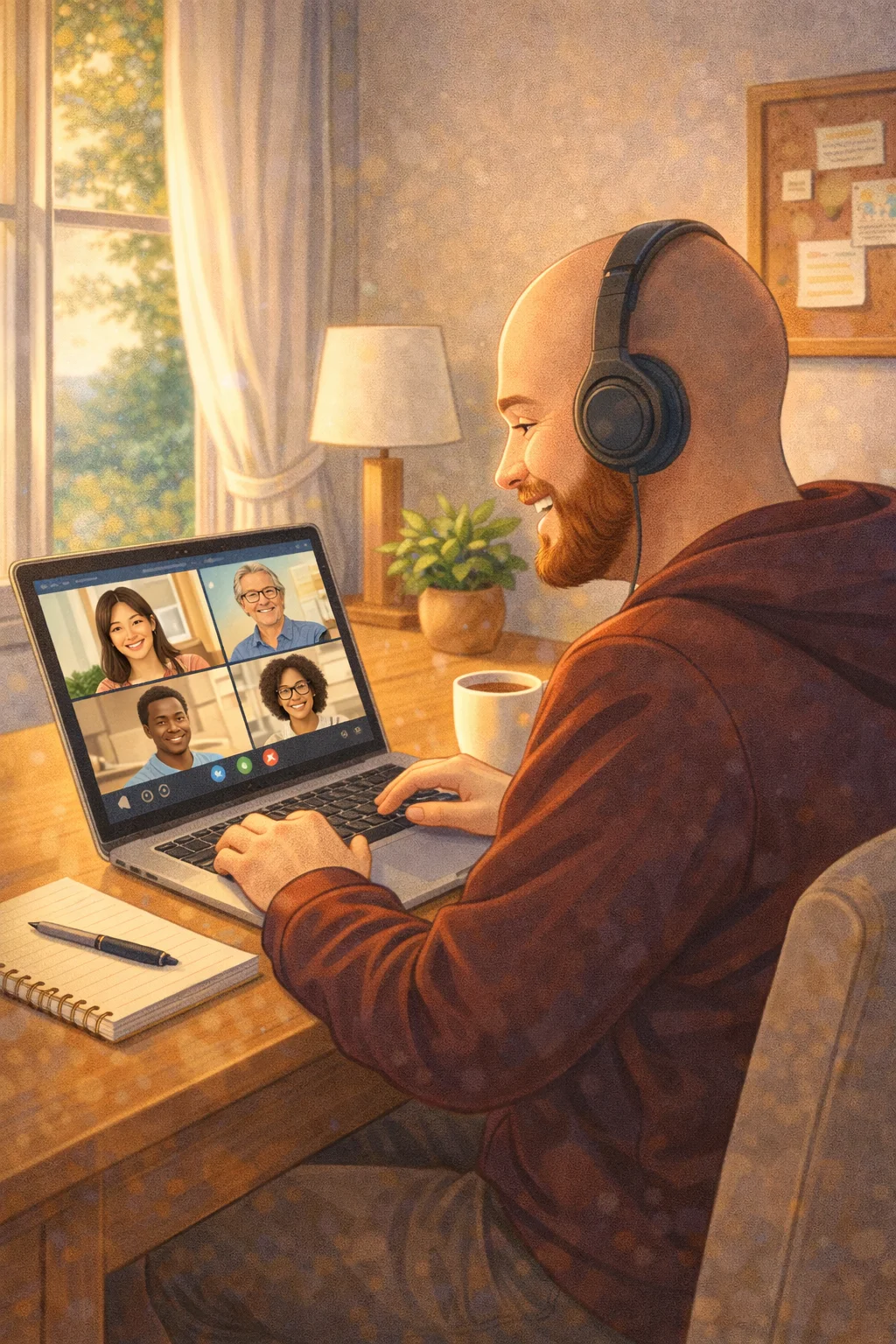 Illustrated home office scene during work hours