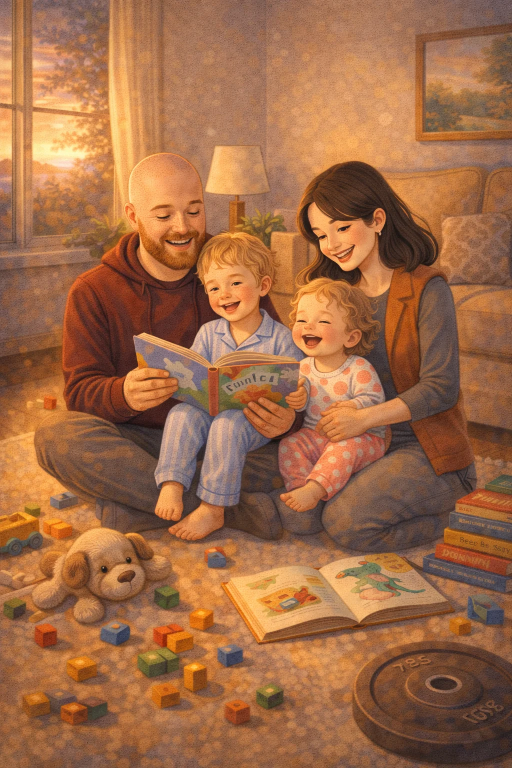 Illustrated family evening scene with toys and warmth