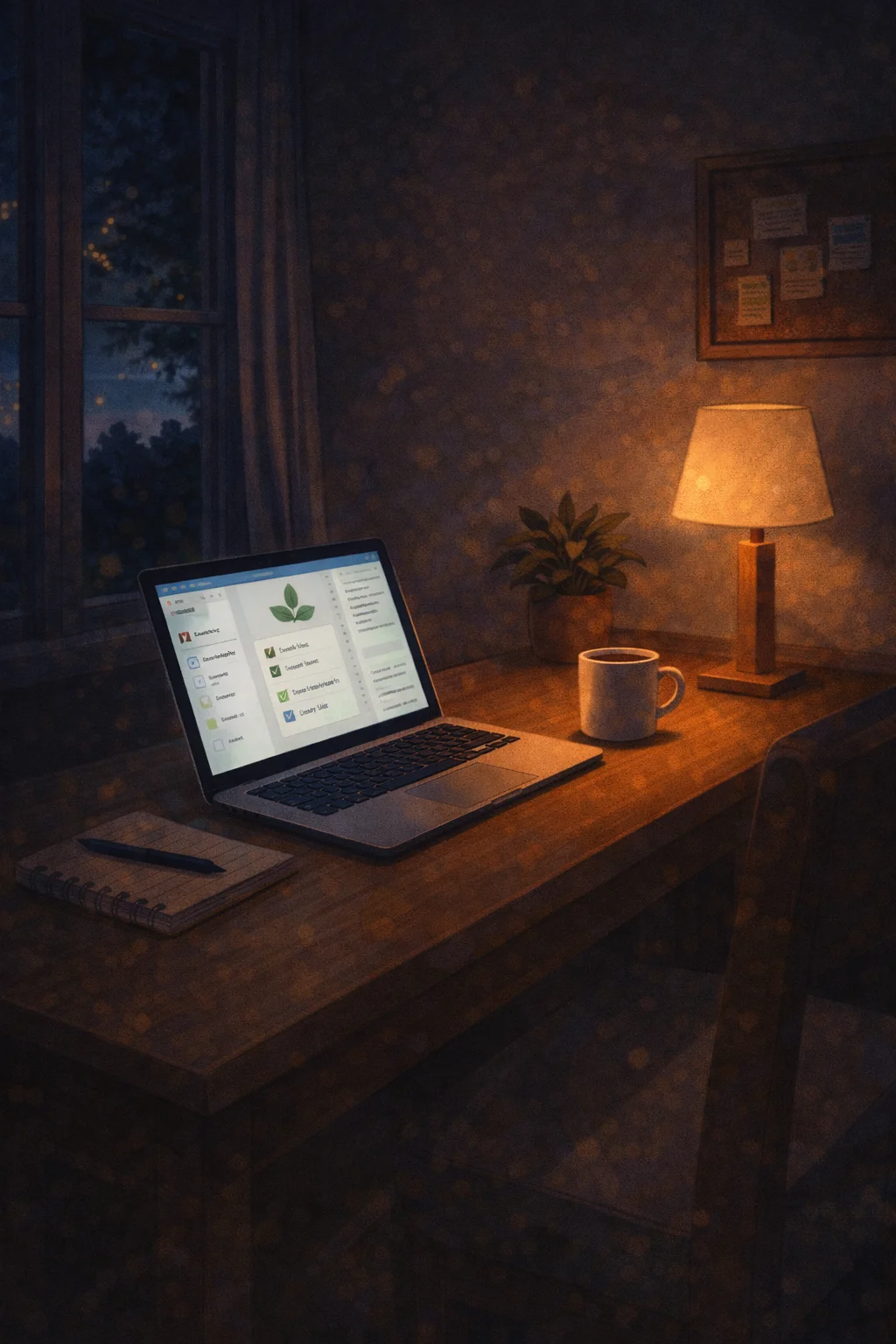 Illustrated late night workspace scene