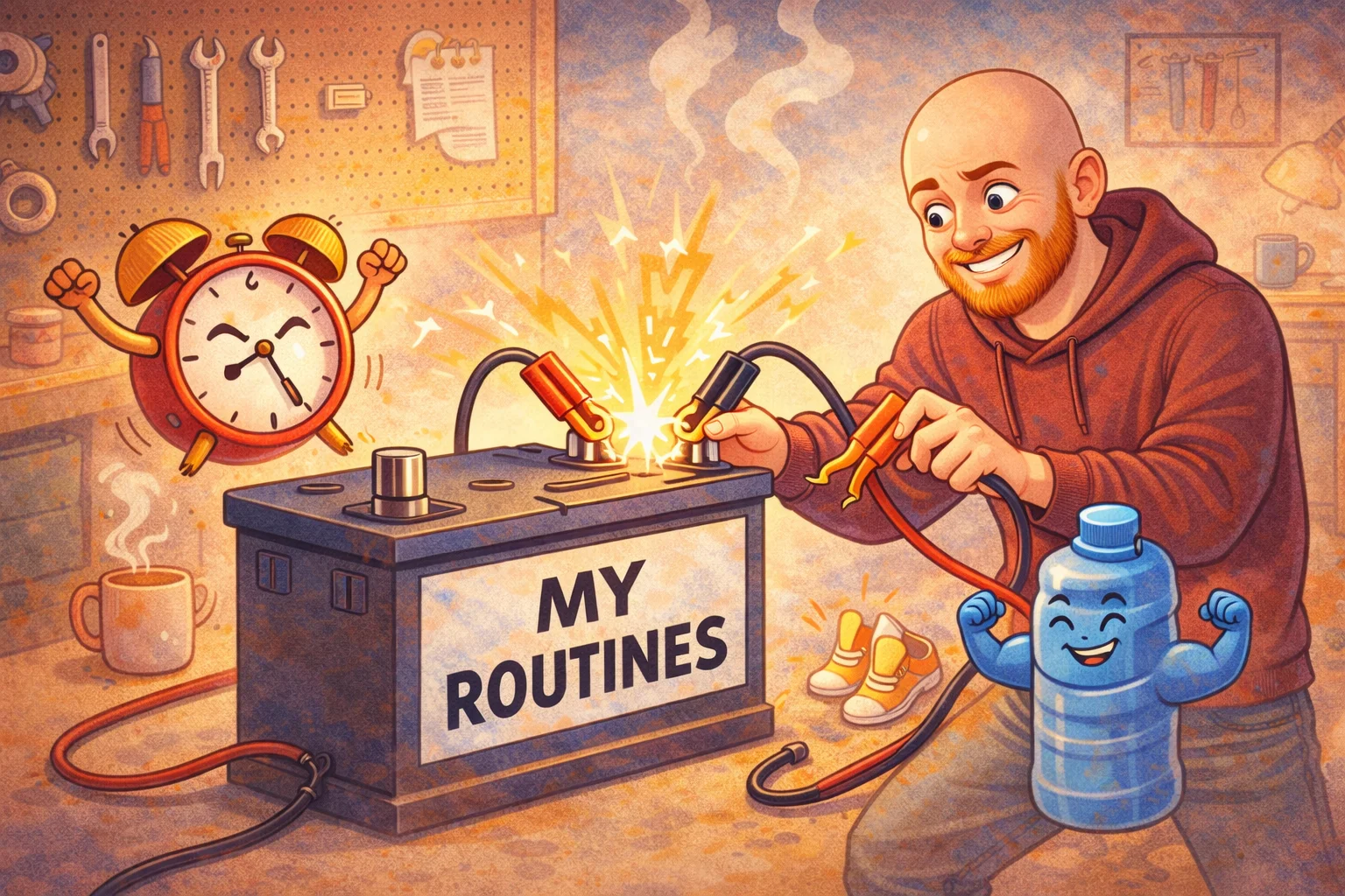 Illustration of a man jumpstarting a giant battery labeled MY ROUTINES with habits waking up around him