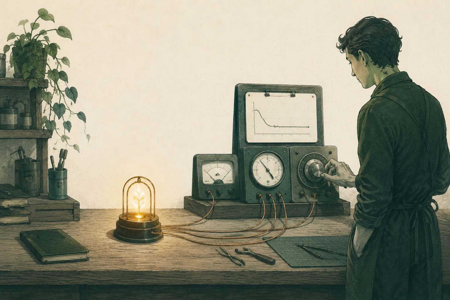 Editorial illustration of a glowing seedling under a glass dome on a workbench, copper wires linking it to vintage gauges and a line graph that dips then steadies, while a calm figure in an apron turns a dial