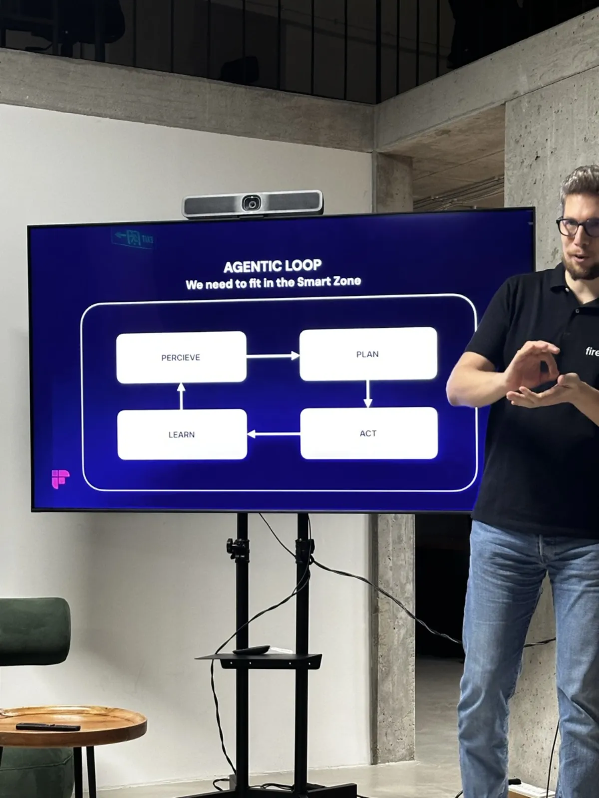 Robert Sárosi's agentic loop diagram showing the Perceive, Plan, Act, Learn cycle — "We need to fit in the Smart Zone"