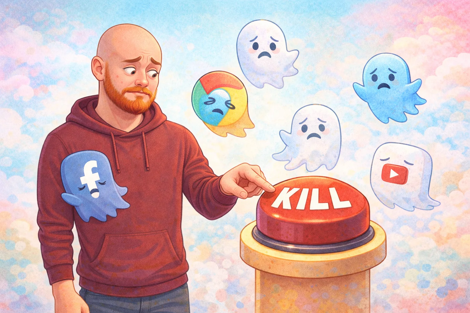 Illustration of a man with a regretful expression next to a giant red kill button, with ghost apps floating around him